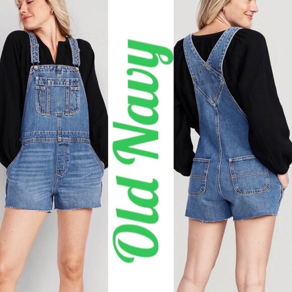 OLD NAVY Denim Overall Shorts Relaxed Cutoff Raw Hem Blue Women's, Large - Picture 1 of 11